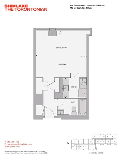 Floor plan for studio, 1 bath, 413 sqft